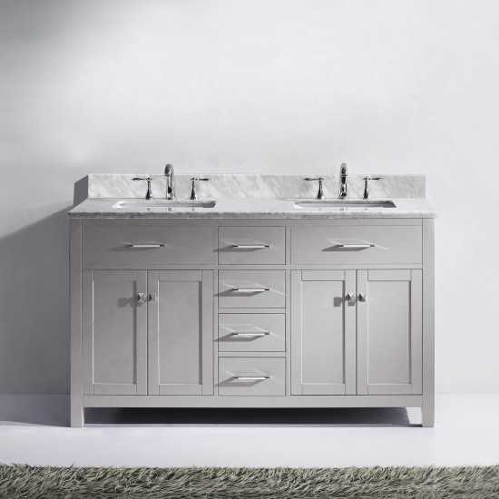 Caroline 60" Double Bath Vanity in Cashmere Gray with White Marble Top and Square Sinks with Brushed Nickel Faucets