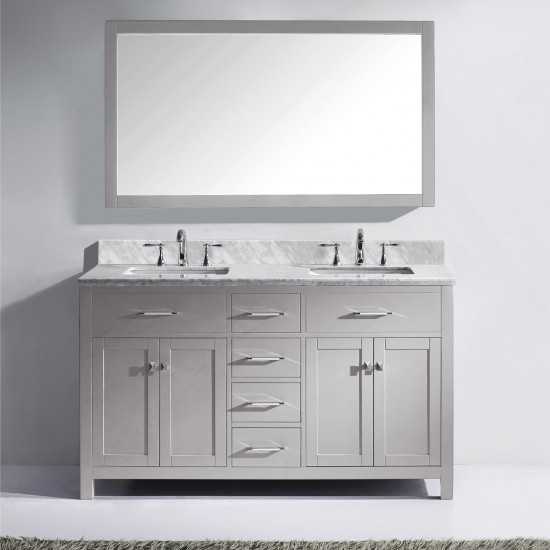 Caroline 60" Double Bath Vanity in Cashmere Gray with White Marble Top and Square Sinks with Polished Chrome Faucets and Mirr