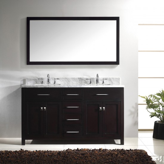 Caroline 60" Double Bath Vanity in Espresso with White Marble Top and Square Sinks and Matching Mirror