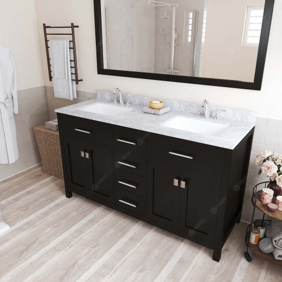 Caroline 60" Double Bath Vanity in Espresso with White Marble Top and Square Sinks and Matching Mirror