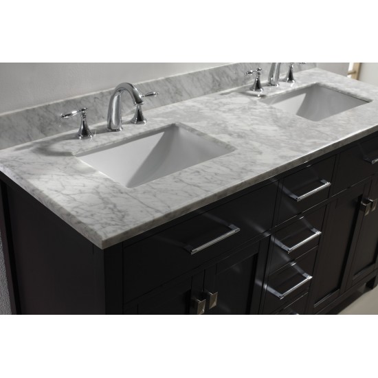 Caroline 60" Double Bath Vanity in Espresso with White Marble Top and Square Sinks and Matching Mirror