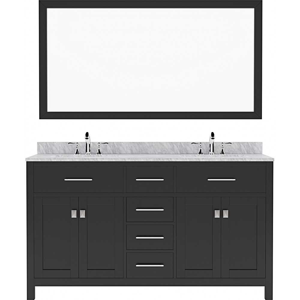 Caroline 60" Double Bath Vanity in Espresso with White Marble Top and Square Sinks with Brushed Nickel Faucets and Mirror