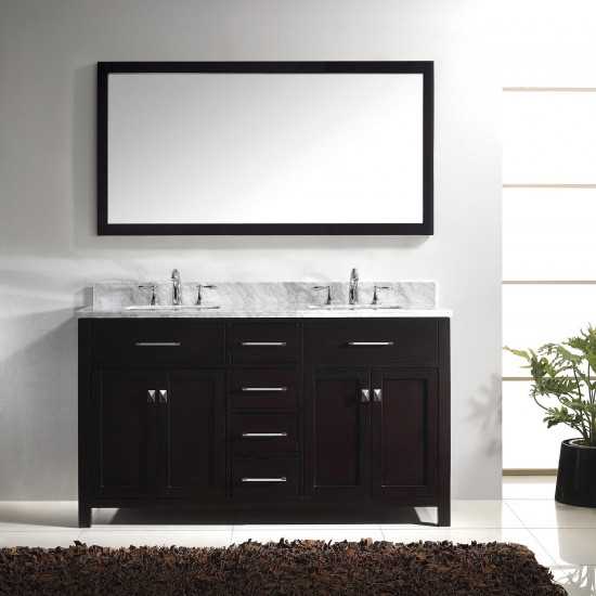 Caroline 60" Double Bath Vanity in Espresso with White Marble Top and Square Sinks with Polished Chrome Faucets and Mirror