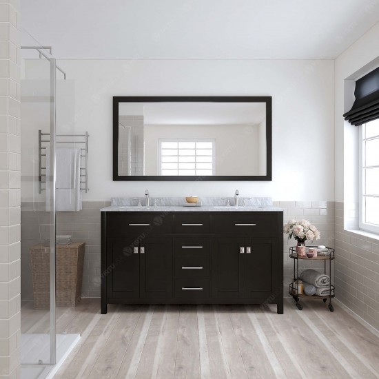 Caroline 60" Double Bath Vanity in Espresso with White Marble Top and Square Sinks with Polished Chrome Faucets and Mirror