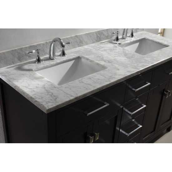 Caroline 60" Double Bath Vanity in Espresso with White Marble Top and Square Sinks with Polished Chrome Faucets and Mirror