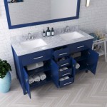 Caroline 60" Double Bath Vanity in French Blue with White Marble Top and Square Sinks with Brushed Nickel Faucets and Mirror