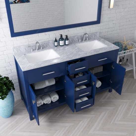 Caroline 60" Double Bath Vanity in French Blue with White Marble Top and Square Sinks with Brushed Nickel Faucets and Mirror