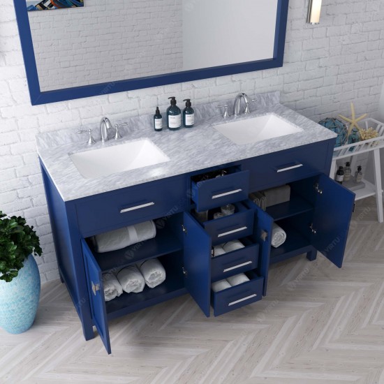 Caroline 60" Double Bath Vanity in French Blue with White Marble Top and Square Sinks with Polished Chrome Faucets and Mirror