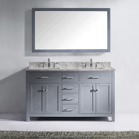 Caroline 60" Double Bath Vanity in Gray with White Marble Top and Square Sinks and Matching Mirror