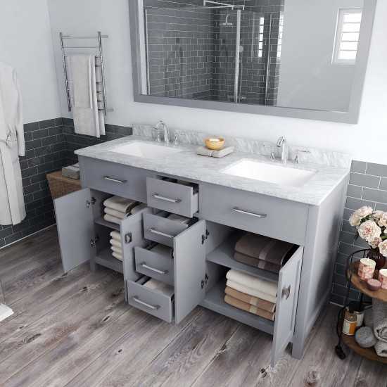 Caroline 60" Double Bath Vanity in Gray with White Marble Top and Square Sinks and Matching Mirror