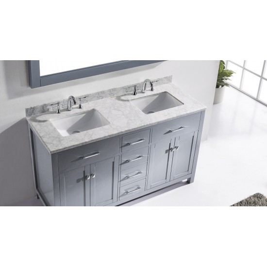 Caroline 60" Double Bath Vanity in Gray with White Marble Top and Square Sinks and Matching Mirror