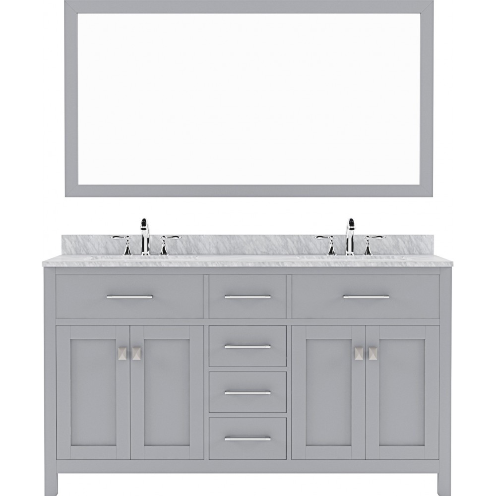 Caroline 60" Double Bath Vanity in Gray with White Marble Top and Square Sinks with Polished Chrome Faucets and Matching Mirr