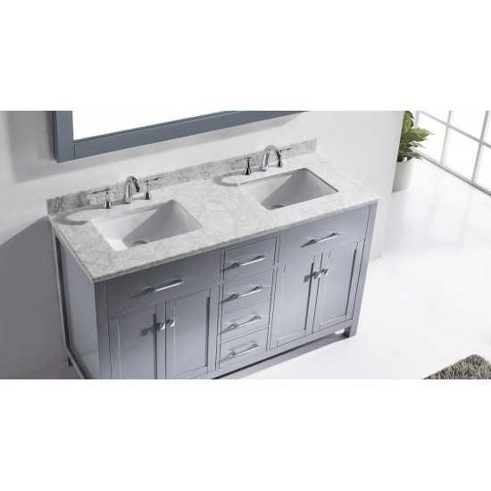 Caroline 60" Double Bath Vanity in Gray with White Marble Top and Square Sinks with Polished Chrome Faucets and Matching Mirr