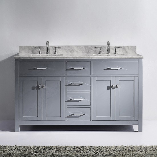 Caroline 60" Double Bath Vanity in Gray with White Marble Top and Square Sinks