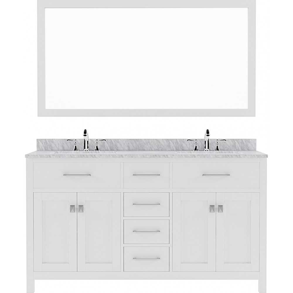 Caroline 60" Double Bath Vanity in White with White Marble Top and Square Sinks and Matching Mirror