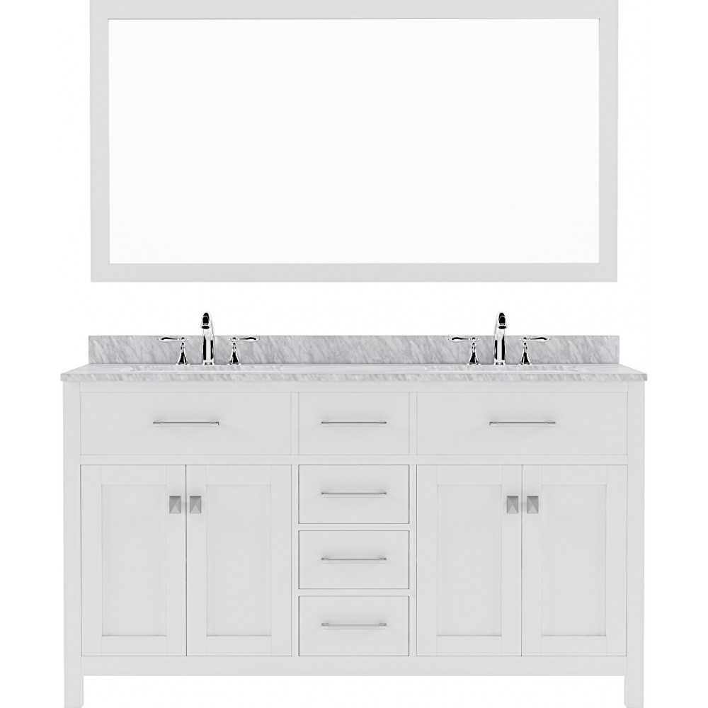 Caroline 60" Double Bath Vanity in White with White Marble Top and Square Sinks with Brushed Nickel Faucets and Matching Mirr