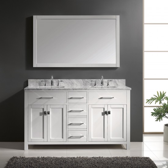 Caroline 60" Double Bath Vanity in White with White Marble Top and Square Sinks with Brushed Nickel Faucets and Matching Mirr