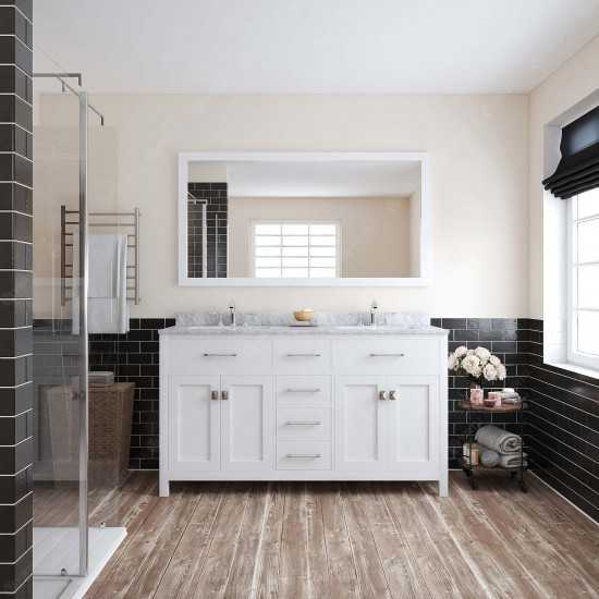 Caroline 60" Double Bath Vanity in White with White Marble Top and Square Sinks with Brushed Nickel Faucets and Matching Mirr