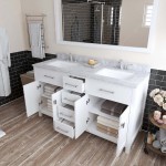 Caroline 60" Double Bath Vanity in White with White Marble Top and Square Sinks with Brushed Nickel Faucets and Matching Mirr