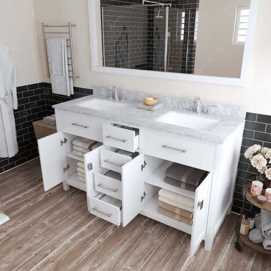 Caroline 60" Double Bath Vanity in White with White Marble Top and Square Sinks with Brushed Nickel Faucets and Matching Mirr