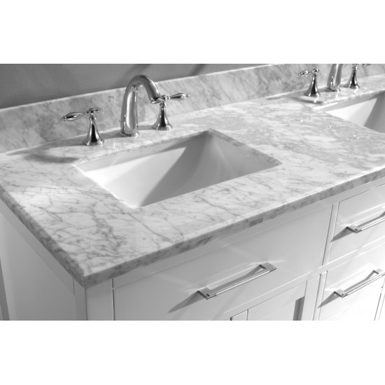 Caroline 60" Double Bath Vanity in White with White Marble Top and Square Sinks with Brushed Nickel Faucets and Matching Mirr