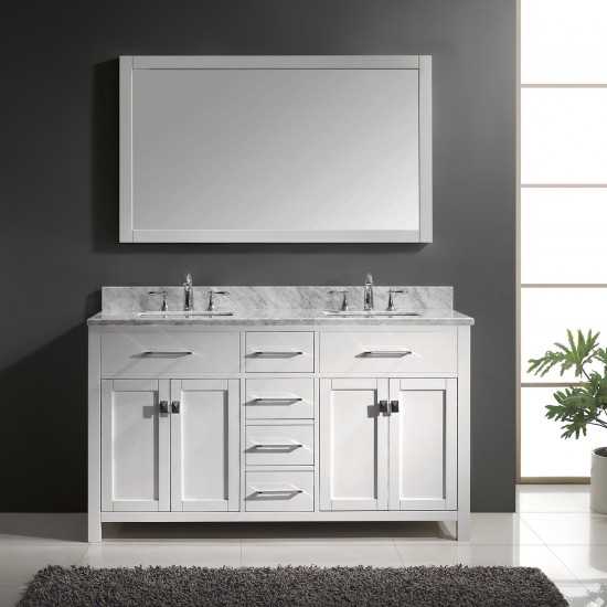 Caroline 60" Double Bath Vanity in White with White Marble Top and Square Sinks with Polished Chrome Faucets and Matching Mir