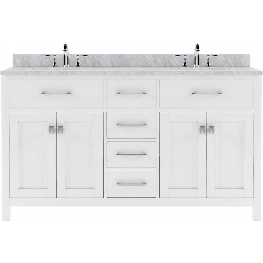 Caroline 60" Double Bath Vanity in White with White Marble Top and Square Sinks