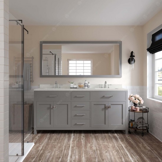 Caroline 72" Double Bath Vanity in Cashmere Gray with White Quartz Top and Round Sinks and Matching Mirror