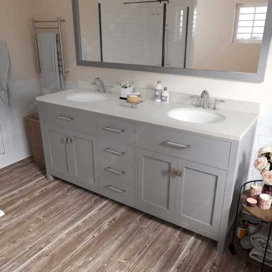 Caroline 72" Double Bath Vanity in Cashmere Gray with White Quartz Top and Round Sinks with Brushed Nickel Faucets and Mirror