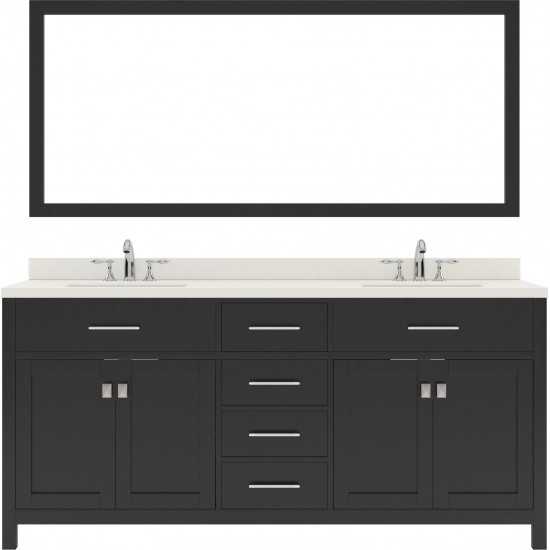 Caroline 72" Double Bath Vanity in Espresso with White Quartz Top and Round Sinks with Brushed Nickel Faucets and Mirror