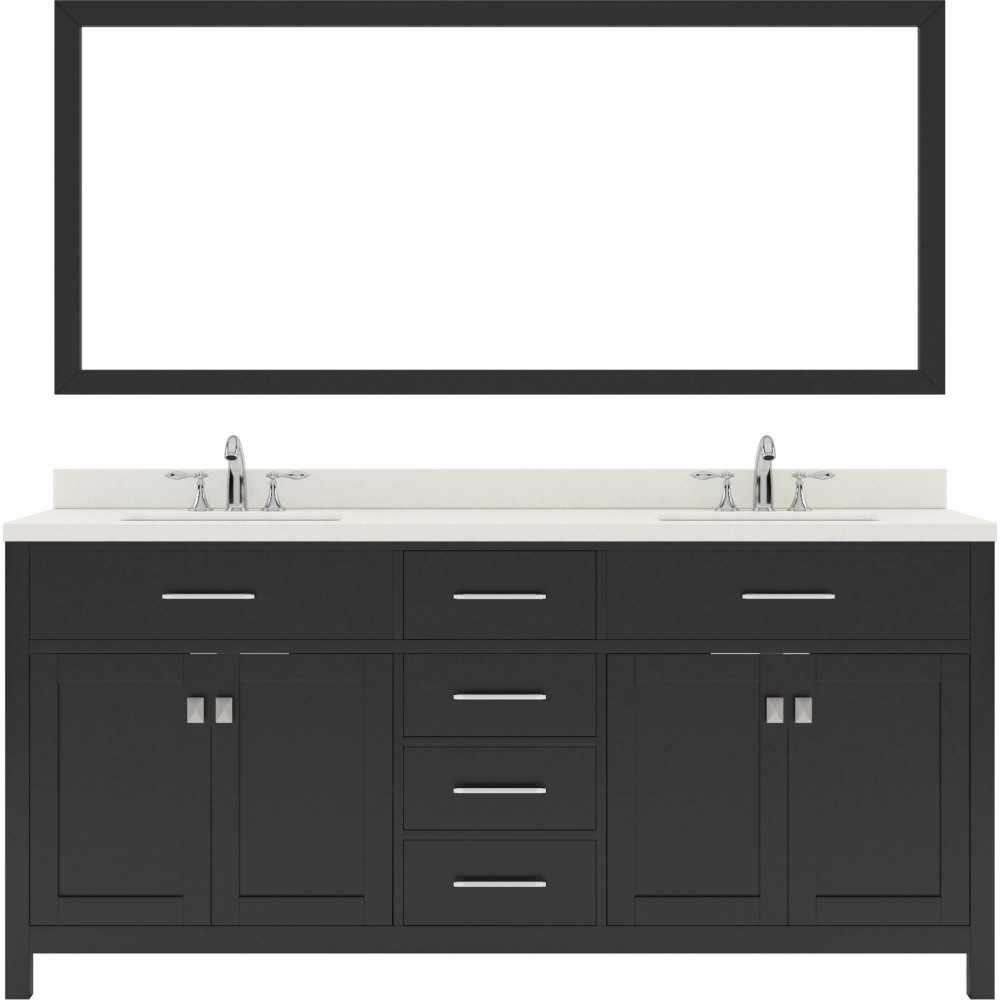 Caroline 72" Double Bath Vanity in Espresso with White Quartz Top and Round Sinks with Brushed Nickel Faucets and Mirror