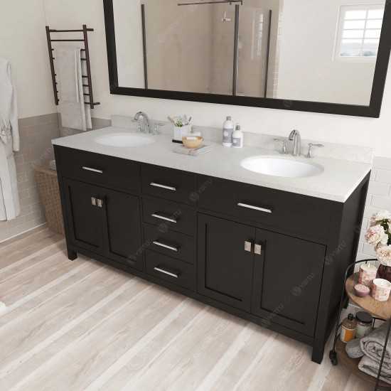 Caroline 72" Double Bath Vanity in Espresso with White Quartz Top and Round Sinks with Brushed Nickel Faucets and Mirror