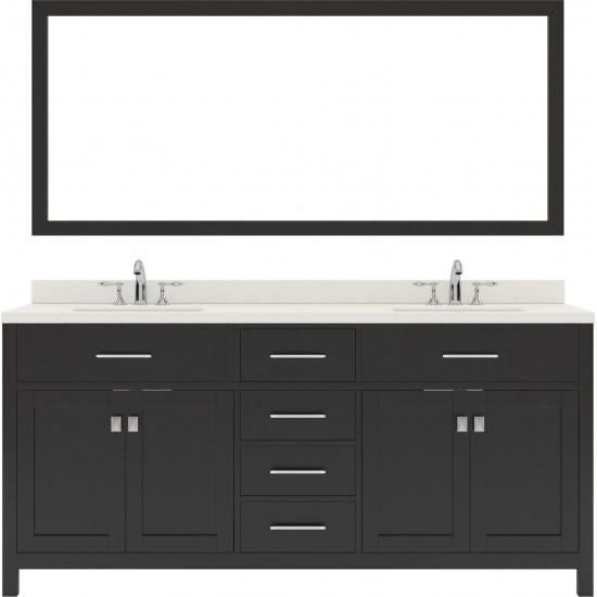 Caroline 72" Double Bath Vanity in Espresso with White Quartz Top and Round Sinks with Polished Chrome Faucets and Mirror