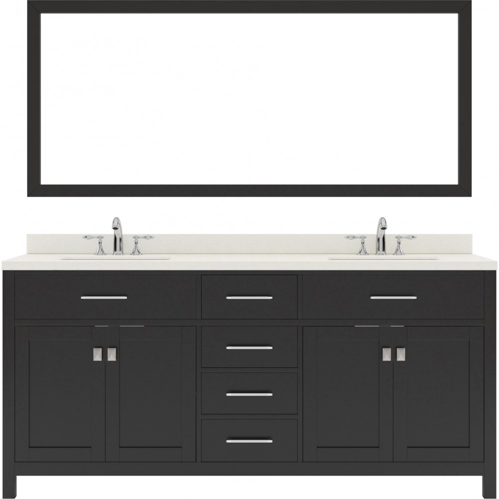 Caroline 72" Double Bath Vanity in Espresso with White Quartz Top and Round Sinks with Polished Chrome Faucets and Mirror