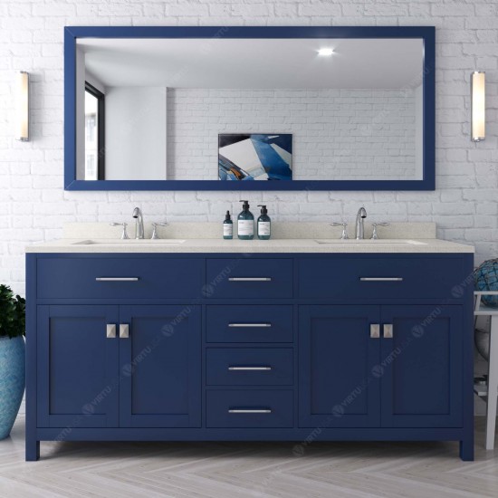 Caroline 72" Double Bath Vanity in French Blue with White Quartz Top and Round Sinks and Matching Mirror