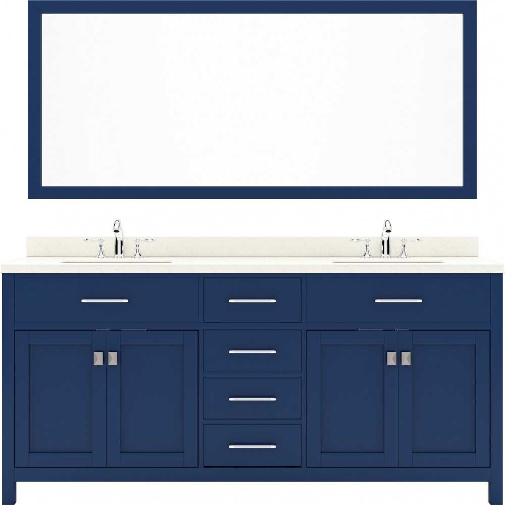 Caroline 72" Double Bath Vanity in French Blue with White Quartz Top and Round Sinks with Brushed Nickel Faucets and Mirror
