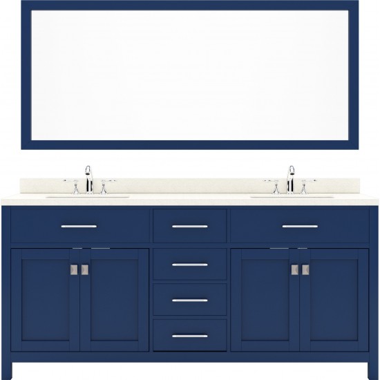 Caroline 72" Double Bath Vanity in French Blue with White Quartz Top and Round Sinks with Polished Chrome Faucets and Mirror