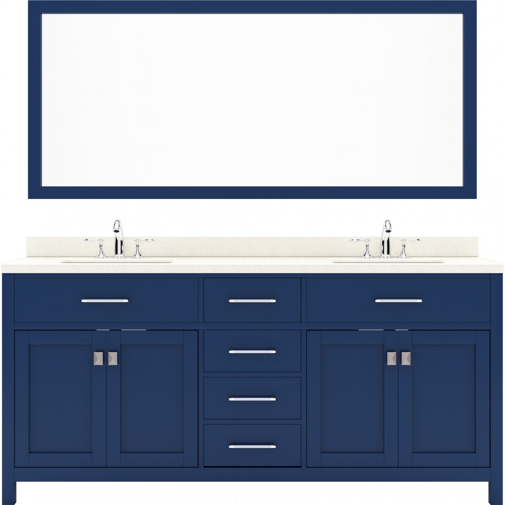 Caroline 72" Double Bath Vanity in French Blue with White Quartz Top and Round Sinks with Polished Chrome Faucets and Mirror