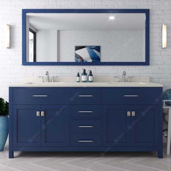 Caroline 72" Double Bath Vanity in French Blue with White Quartz Top and Round Sinks with Polished Chrome Faucets and Mirror