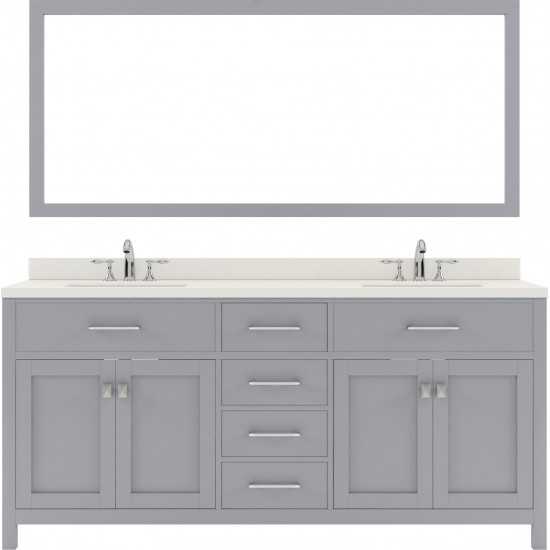 Caroline 72" Double Bath Vanity in Gray with White Quartz Top and Round Sinks and Matching Mirror