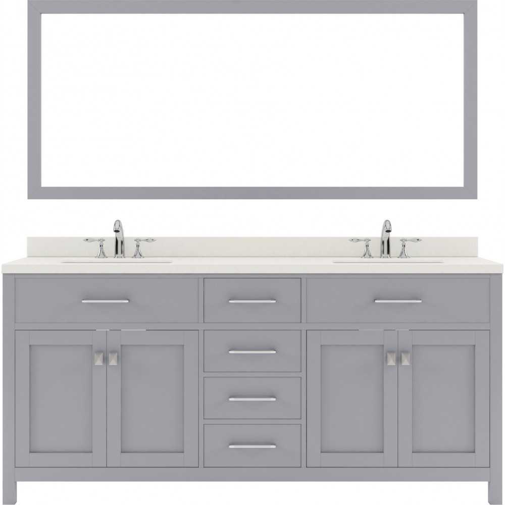 Caroline 72" Double Bath Vanity in Gray with White Quartz Top and Round Sinks with Brushed Nickel Faucets and Matching Mirror