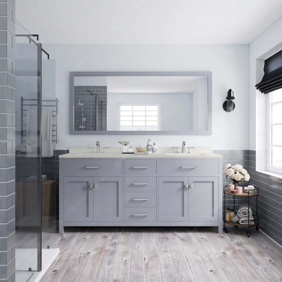 Caroline 72" Double Bath Vanity in Gray with White Quartz Top and Round Sinks with Brushed Nickel Faucets and Matching Mirror