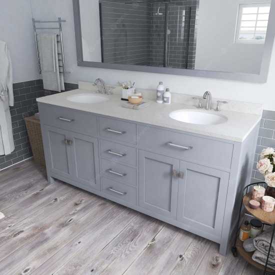 Caroline 72" Double Bath Vanity in Gray with White Quartz Top and Round Sinks with Brushed Nickel Faucets and Matching Mirror