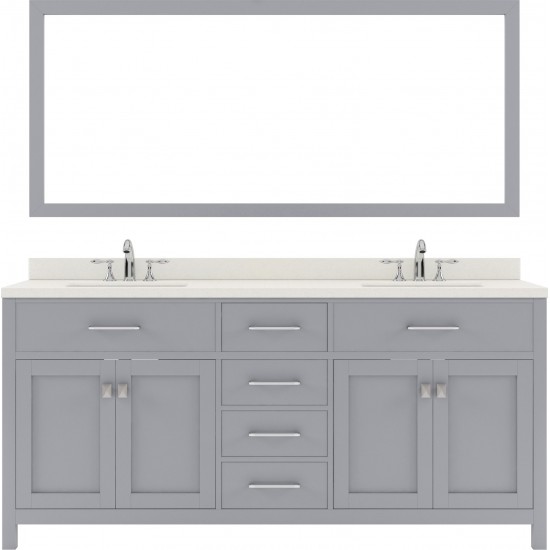 Caroline 72" Double Bath Vanity in Gray with White Quartz Top and Round Sinks with Polished Chrome Faucets and Matching Mirro