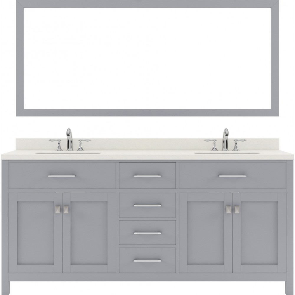 Caroline 72" Double Bath Vanity in Gray with White Quartz Top and Round Sinks with Polished Chrome Faucets and Matching Mirro