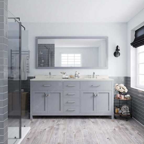 Caroline 72" Double Bath Vanity in Gray with White Quartz Top and Round Sinks with Polished Chrome Faucets and Matching Mirro