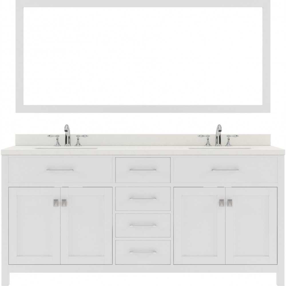Caroline 72" Double Bath Vanity in White with White Quartz Top and Round Sinks and Matching Mirror