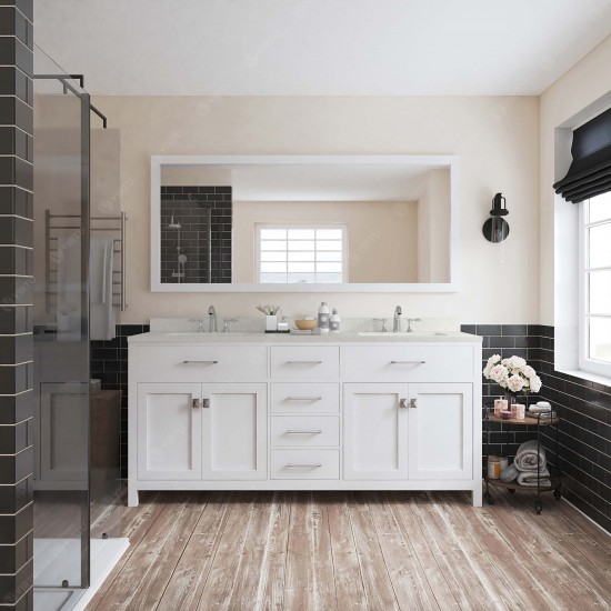 Caroline 72" Double Bath Vanity in White with White Quartz Top and Round Sinks and Matching Mirror