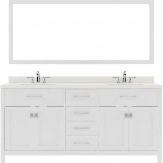 Caroline 72" Double Bath Vanity in White with White Quartz Top and Round Sinks with Brushed Nickel Faucets and Matching Mirro