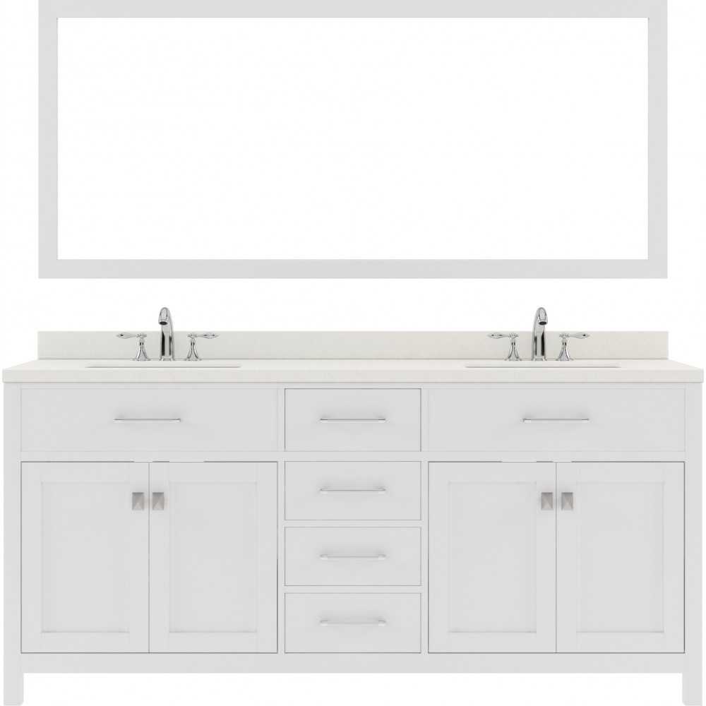 Caroline 72" Double Bath Vanity in White with White Quartz Top and Round Sinks with Brushed Nickel Faucets and Matching Mirro